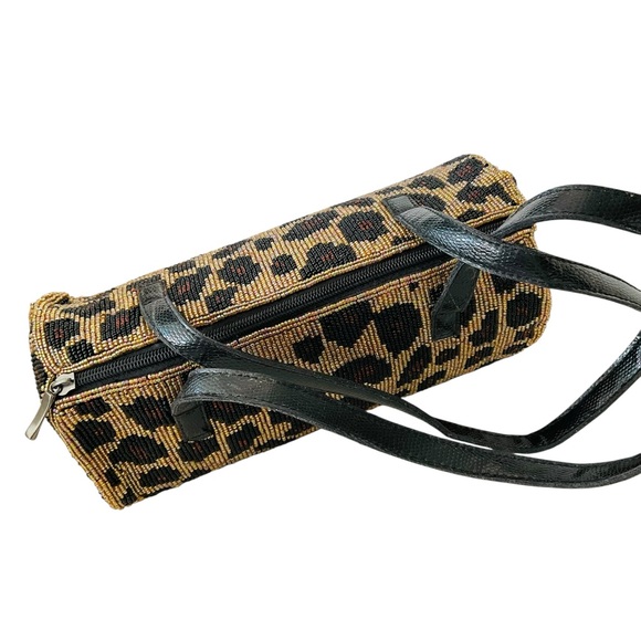 Vintage Beaded Leopard Print Barrel Bag Purse Double Handles - Picture 6 of 9